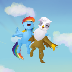 Size: 2000x2000 | Tagged: safe, artist:chiweee, character:gilda, character:rainbow dash, species:griffon, episode:the lost treasure of griffonstone, g4, my little pony: friendship is magic, chickub, cloud, cute, dashabetes, duo, eyes closed, filly, fluffy, flying, gildadorable, junior speedsters, open mouth, sky