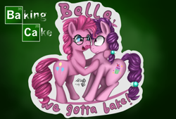 Size: 2039x1378 | Tagged: safe, artist:mik3thestrange, character:pinkie pie, character:sugar belle, species:earth pony, species:pony, breaking bad, female, glasses, mare, moustache, parody