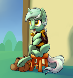 Size: 3191x3395 | Tagged: safe, artist:nadnerbd, character:lyra heartstrings, species:pony, species:unicorn, fanfic:background pony, clothing, dig the swell hoodie, female, hoodie, lyre, mare, open mouth, saddle bag, sitting, sitting lyra, solo, stool, underhoof