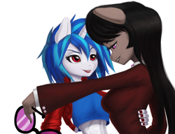Size: 1200x923 | Tagged: safe, artist:dclzexon, character:dj pon-3, character:octavia melody, character:vinyl scratch, species:anthro, ship:scratchtavia, female, lesbian, shipping, wrong eye color