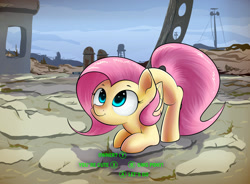 Size: 1600x1178 | Tagged: safe, artist:anti1mozg, character:fluttershy, species:pegasus, species:pony, behaving like a dog, blank flank, cute, fallout, fallout 4, female, mare, shyabetes, solo