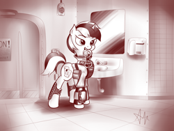 Size: 3072x2304 | Tagged: safe, artist:anti1mozg, oc, oc only, oc:blackjack, species:pony, species:unicorn, fallout equestria, fallout equestria: project horizons, bedroom eyes, clothing, cuffs, cutie mark, fanfic, fanfic art, female, hooves, horn, mare, monochrome, pipbuck, solo, teeth, vault suit