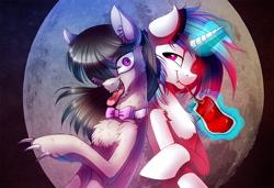 Size: 1000x683 | Tagged: safe, artist:limreiart, character:dj pon-3, character:octavia melody, character:vinyl scratch, species:pony, species:unicorn, blood, blood pack, bow tie, chest fluff, drinking, ear fluff, fanfic art, fangs, female, fluffy, full moon, glasses, glowing horn, hair over one eye, hengstwolf, hoof fluff, hooves, horn, leg fluff, levitation, looking at you, magic, mare, moon, muzzle fluff, my roommate is a vampire, neck fluff, open mouth, smiling, solo, teeth, telekinesis, tongue out, vampire, vampony, vinyl the vampire, weretavia, werewolf, wolftavia