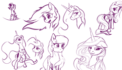 Size: 3048x1769 | Tagged: safe, artist:nadnerbd, character:fluttershy, character:princess celestia, character:princess luna, character:rarity, hair over one eye, monochrome, open mouth, sketch, sketch dump, smiling, underhoof