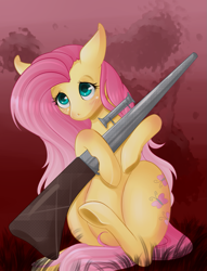Size: 895x1171 | Tagged: safe, artist:chiweee, character:fluttershy, female, gun, solo