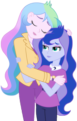 Size: 2251x3531 | Tagged: safe, artist:famousmari5, character:princess celestia, character:princess luna, character:principal celestia, character:vice principal luna, my little pony:equestria girls, affection, best sisters, big sislestia, comforting, cute, cutelestia, equestria's best big sister, height difference, hug, lunabetes, simple background, sisterly love, sisters, transparent background, vector, vice principal luna