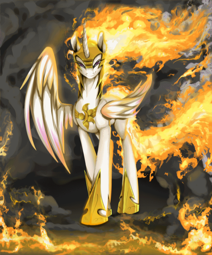 Size: 708x850 | Tagged: safe, artist:equum_amici, artist:santagiera, character:nightmare star, character:princess celestia, species:alicorn, species:pony, absurd file size, absurd gif size, animated, badass, cinemagraph, curved horn, epic, equestria is doomed, female, fire, glare, helmet, hilarious in hindsight, looking at you, majestic, mane of fire, mare, regalia, run, smirk, smoke, solo, spread wings, visual effects of awesome, wings