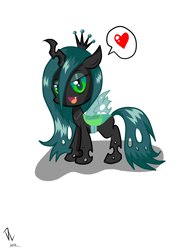 Size: 1240x1754 | Tagged: safe, artist:derpsonhooves, character:queen chrysalis, species:changeling, cute, cutealis, dialogue, drawing error, female, heart, lidded eyes, looking at you, simple background, smiling, solo, speech bubble, white background, young