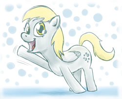 Size: 800x653 | Tagged: safe, artist:fadri, character:derpy hooves, species:pegasus, species:pony, abstract background, bubble, female, looking at you, mare, smiling, solo, waving