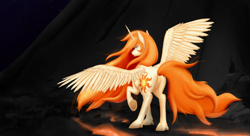 Size: 2552x1387 | Tagged: safe, artist:tsand106, character:nightmare star, character:princess celestia, 3/4 view, angry, featureless crotch, female, lava, looking at you, looking back, night, plot, solo, underhoof