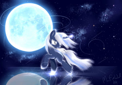 Size: 1024x711 | Tagged: safe, artist:wavecipher, oc, oc only, oc:silverlay, moon, reflection, running, solo, stars