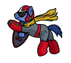 Size: 1233x1088 | Tagged: safe, artist:rydelfox, character:blues, character:noteworthy, crossover, megaman, proto man, pun, solo