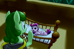 Size: 3000x2000 | Tagged: safe, artist:nadnerbd, character:princess cadance, oc, oc:kale, fanfic:the first time you see her, crib, fanfic art, female, filly, younger