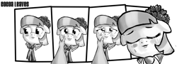 Size: 2152x775 | Tagged: safe, artist:gab0o0, character:coco pommel, species:human, adorable face, blushing, cocobetes, comic, crying, cute, fourth wall, hand, kissing, looking at you, monochrome, petting, solo focus