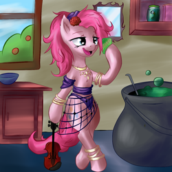 Size: 1024x1024 | Tagged: safe, artist:snus-kun, character:pinkie pie, species:pony, friendship is witchcraft, bipedal, cauldron, female, fishnet clothing, gypsy pie, hair tie, lidded eyes, musical instrument, romani, solo, tarot card, violin