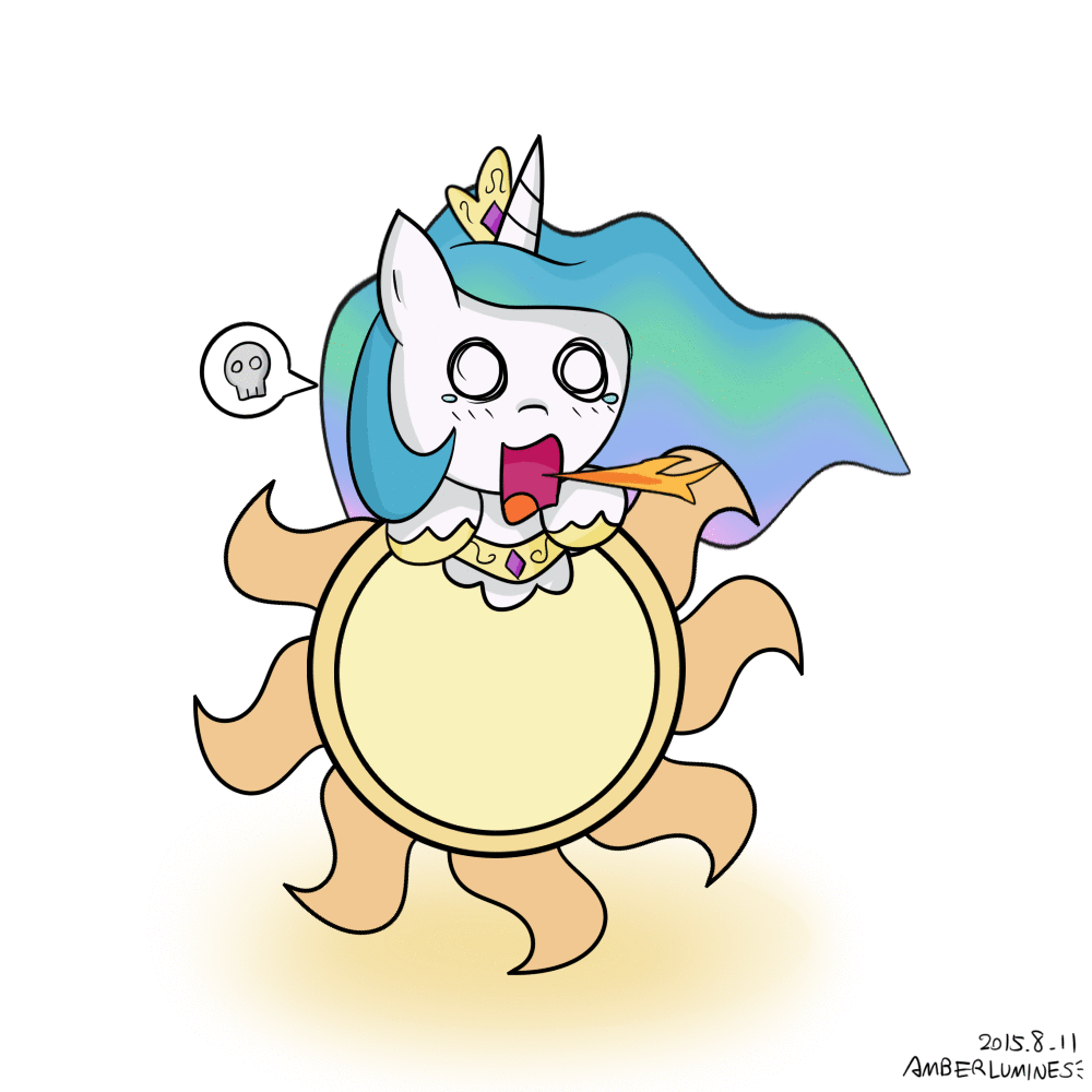Size: 1000x1000 | Tagged: safe, artist:vanillafox2035, character:princess celestia, species:alicorn, species:pony, animated, chibi, crying, cute, cutelestia, dialogue, edible heavenly object, female, fire, fire breath, floating, mare, open mouth, pictogram, simple background, skull, solo, speech bubble, spicy, sun, tangible heavenly object, white background, wide eyes