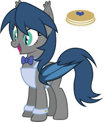 Size: 2313x2734 | Tagged: safe, artist:duskthebatpack, oc, oc only, oc:blueberry pancake, species:bat pony, species:pony, apron, bat pony oc, bow tie, clothing, cufflinks, cuffs (clothes), cute, fangs, female, happy, mare, naked apron, open mouth, pancakes, simple background, smiling, solo, transparent background, vector, waitress