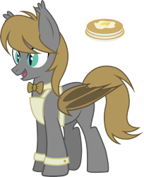 Size: 2424x2974 | Tagged: safe, artist:duskthebatpack, oc, oc only, oc:buttermilk pancake, species:bat pony, species:pony, apron, bow tie, clothing, cute, cutie mark, fangs, male, open mouth, pancakes, simple background, smiling, solo, stallion, transparent background, vector, waiter