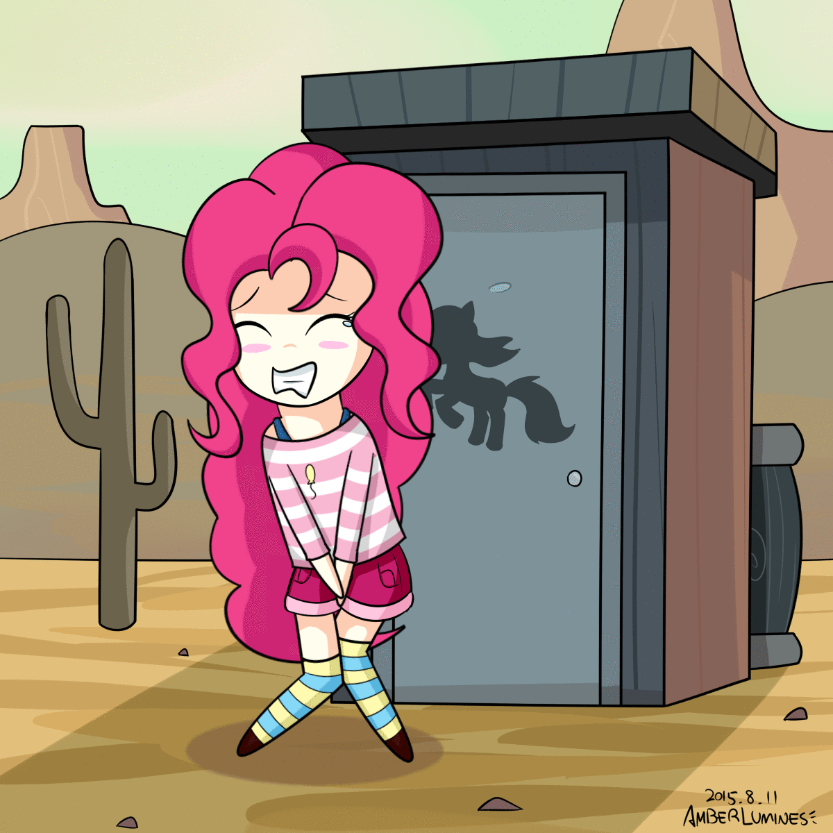 Size: 1200x1200 | Tagged: safe, artist:vanillafox2035, character:pinkie pie, species:human, episode:the last roundup, g4, my little pony: friendship is magic, animated, blushing, clothing, covering crotch, cute, desperation, diapinkes, female, humanized, need to pee, omorashi, outhouse, potty dance, potty emergency, potty time, scene interpretation, shorts, socks, solo, striped socks, sweat, sweating profusely
