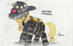 Size: 800x513 | Tagged: safe, artist:buckweiser, character:applejack, 343, 9/11, crying, fdny, firefighter, firefighting, mouthpiece, never forget, sad, somber