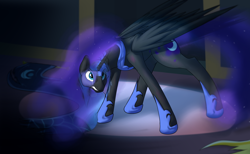 Size: 1024x632 | Tagged: safe, artist:diction, character:nightmare moon, character:princess luna, species:alicorn, species:pony, banner, bruised, crying, female, gritted teeth, growling, mare, solo, spread wings, transformation, wings