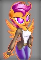 Size: 720x1048 | Tagged: safe, artist:anti1mozg, character:scootaloo, species:anthro, species:pegasus, species:pony, clothing, female, fingerless gloves, gloves, hand on hip, leather jacket, older, solo, tongue out