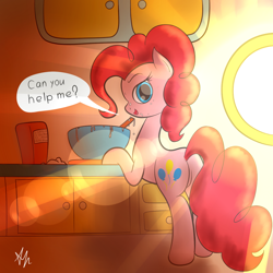 Size: 1080x1080 | Tagged: safe, artist:anti1mozg, character:pinkie pie, bowl, female, flour, kitchen, looking at you, looking back, mixing bowl, plot, solo