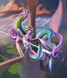 Size: 3048x3538 | Tagged: safe, artist:nadnerbd, character:princess celestia, female, flying, missing accessory, open mouth, solo, underhoof