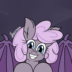 Size: 1132x1132 | Tagged: safe, artist:xwoofyhoundx, oc, oc only, oc:sirocca, species:bat pony, species:pony, cute, female, filly, grin, looking at you, ocbetes, smiling, solo, spread wings, squee, wings