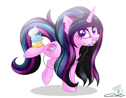 Size: 1480x1154 | Tagged: safe, artist:iheartjapan789, oc, oc only, oc:mardelia, species:pony, species:unicorn, cat, female, mare, mouth hold, needle, plushie, sewing needle, simple background, solo, thread, transparent background