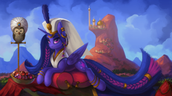 Size: 1830x1022 | Tagged: safe, artist:asimos, character:owlowiscious, character:twilight sparkle, character:twilight sparkle (alicorn), species:alicorn, species:pony, alternate hairstyle, braid, braided tail, female, mare, reclining, saddle arabia, turban