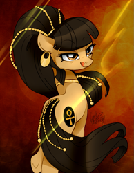 Size: 831x1073 | Tagged: safe, artist:va1ly, oc, oc only, oc:cleotrotra, ankh, beads, bedroom eyes, earring, egyptian, egyptian pony, necklace, piercing, solo, tongue out, underhoof