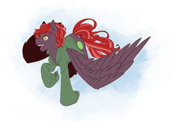Size: 2480x1772 | Tagged: safe, artist:mylittlesheepy, oc, oc only, oc:moonchild, species:pegasus, species:pony, clothing, curly hair, flying, freckles, jacket, long sleeves, simple background, solo