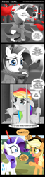 Size: 900x3500 | Tagged: safe, artist:coltsteelstallion, character:applejack, character:rainbow dash, character:rarity, episode:rarity investigates, g4, my little pony: friendship is magic, bandana, comic, crying, dialogue, freckles, jail, monochrome, monologue, narration, neo noir, open mouth, partial color, pipe, prison, raised hoof, smoking, speech bubble, underhoof