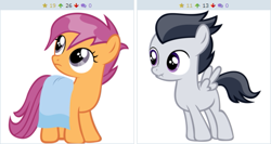 Size: 509x270 | Tagged: safe, artist:sofunnyguy, character:rumble, character:scootaloo, species:pegasus, species:pony, derpibooru, ship:rumbloo, exploitable meme, female, juxtaposition, juxtaposition win, male, meme, meta, nose wrinkle, rumble gets all the fillies, shipping, straight, towel, wet, wet mane