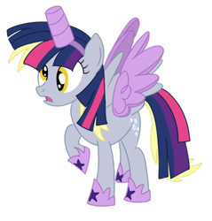 Size: 482x504 | Tagged: safe, artist:karmadash, character:derpy hooves, character:twilight sparkle, character:twilight sparkle (alicorn), species:alicorn, species:pony, episode:scare master, g4, my little pony: friendship is magic, alicorn costume, clothing, costume, derpicorn, fake horn, fake wings, female, frown, mare, nightmare night, nightmare night costume, open mouth, raised hoof, simple background, solo, spread wings, that was fast, toilet paper roll, toilet paper roll horn, transparent background, twilight muffins, twilight sparkle costume, vector, wig, wings
