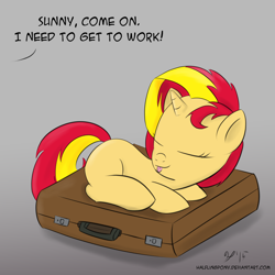Size: 1050x1050 | Tagged: safe, artist:halflingpony, character:sunset shimmer, species:pony, species:unicorn, behaving like a cat, briefcase, cute, eyes closed, female, filly, filly sunset shimmer, shimmerbetes, smiling, solo, tongue out
