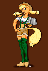 Size: 1213x1800 | Tagged: safe, artist:bastianmage, character:applejack, species:anthro, alcohol, beer, belly button, clothing, female, lederhosen, midriff, oktoberfest, pigtails, socks, solo, stockings, thigh highs