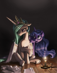 Size: 3690x4750 | Tagged: safe, artist:nadnerbd, character:princess celestia, character:princess luna, species:alicorn, species:pony, absurd resolution, candle, crossed legs, crying, dark, duo, female, floppy ears, frown, gradient background, gray background, hair over one eye, lidded eyes, looking away, looking down, mare, missing accessory, open mouth, paper, royal sisters, sad, sadlestia, scroll, simple background, sitting, smiling, underhoof, wavy mouth, worried