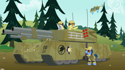 Size: 2880x1620 | Tagged: safe, artist:a4r91n, character:blues, character:carrot top, character:derpy hooves, character:golden harvest, character:noteworthy, species:pegasus, species:pony, clothing, command and conquer, crossover, female, global defense initiative, hat, helmet, jet, mammoth tank, mare, military, minigun, orca assault craft, scrunchy face, tank (vehicle), tiberian dawn, tree, vector