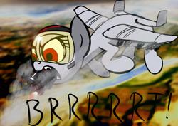 Size: 3458x2455 | Tagged: safe, artist:derkrazykraut, oc, oc only, oc:blitz, species:plane pony, species:pony, a-10 thunderbolt ii, angry, brrrrt, color edit, female, firing, flying, frown, gau-8, glare, gun, mare, open mouth, original species, plane, sharp teeth, smoke, solo, teeth, text, weapon