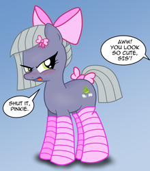 Size: 2200x2500 | Tagged: safe, artist:an-tonio, artist:lord waite, character:limestone pie, species:earth pony, species:pony, angry, blushing, bow, clothing, colored, cute, dialogue, embarrassed, female, hair bow, implied pinkie pie, limabetes, limetsun pie, mare, open mouth, ribbon, socks, solo, striped socks, tail bow, tsundere
