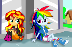 Size: 2000x1300 | Tagged: safe, artist:lovehtf421, character:rainbow dash, character:sunset shimmer, ship:sunsetdash, my little pony:equestria girls, :<, book, boots, clothing, courtyard, female, lesbian, looking at each other, shipping, sitting