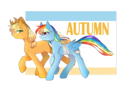 Size: 1024x715 | Tagged: safe, artist:snowillusory, character:applejack, character:rainbow dash, autumn, bandage, bound wings, running of the leaves