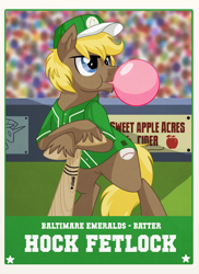 Size: 1440x1980 | Tagged: safe, artist:itstaylor-made, baseball, baseball bat, baseball cap, baseball card, bipedal leaning, bubblegum, clothing, hat, hock fetlock, hoofball, trading card