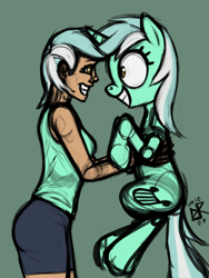 Size: 1200x1600 | Tagged: safe, artist:ldr, character:lyra heartstrings, species:pony, species:unicorn, duo, eye contact, green background, grin, holding, holding a pony, human ponidox, humanized, irrational exuberance, looking at each other, old version, ponidox, simple background, sketch, smiling
