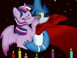 Size: 1024x775 | Tagged: safe, artist:kaiamurosesei, character:twilight sparkle, character:twilight sparkle (alicorn), species:alicorn, species:pony, ship:mordetwi, candle, crossover, crossover shipping, female, male, mare, mordecai, rainbow power, regular show, shipping, straight