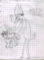 Size: 1235x1686 | Tagged: safe, artist:kaiamurosesei, character:twilight sparkle, character:twilight sparkle (alicorn), species:alicorn, species:pony, ship:mordetwi, crossover, crossover shipping, female, graph paper, mare, monochrome, mordecai, regular show, shipping, traditional art
