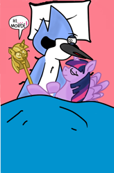 Size: 404x616 | Tagged: safe, artist:kaiamurosesei, character:twilight sparkle, character:twilight sparkle (alicorn), species:alicorn, species:pony, ship:mordetwi, background pony strikes again, bed, crossover, crossover shipping, female, mare, mordecai, pillow, regular show, shipping, twilight scepter