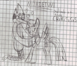 Size: 1024x882 | Tagged: safe, artist:kaiamurosesei, character:twilight sparkle, character:twilight sparkle (alicorn), species:alicorn, species:pony, ship:mordetwi, crossover, female, graph paper, mare, monochrome, mordecai, regular show, shipping, traditional art